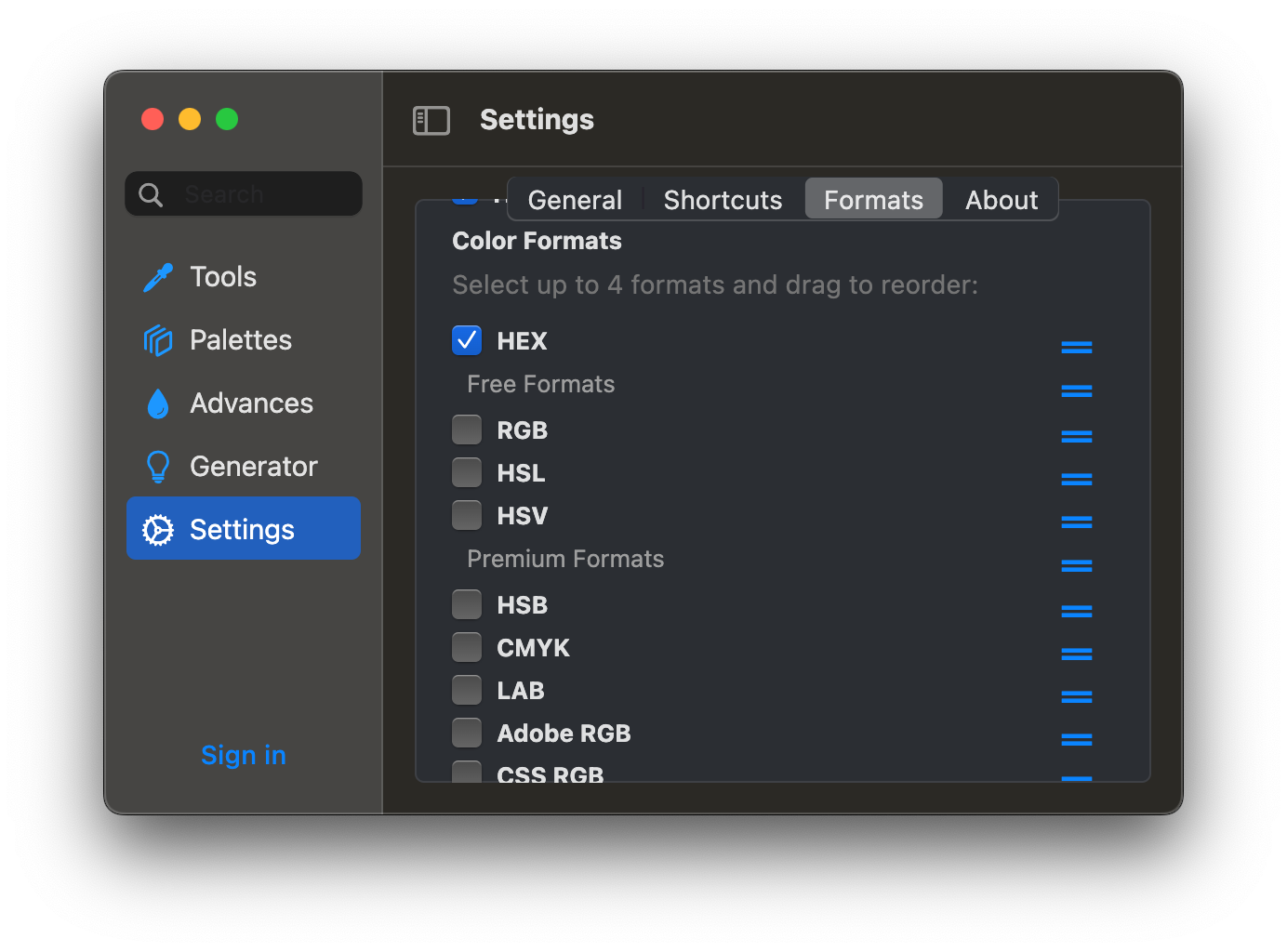 ColorOne Format Settings for exporting colors in HEX, RGB, HSL and other developer-friendly formats